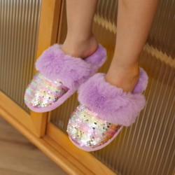 Flauschige Hausschuhe für Mädchen, flauschige Slipper aus Kunstfell mit Pailletten und Memory Foam-Hausschuhen für Mädchen