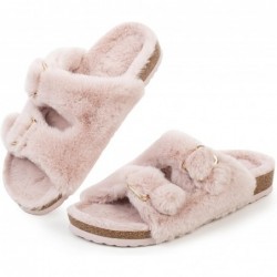 FITORY Damen-Slipper mit offener Spitze und kuscheligem Futter, Pantoletten aus Kork und Kunstkaninchenfell