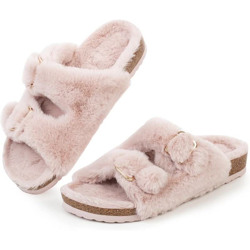 FITORY Damen-Slipper mit offener Spitze und kuscheligem Futter, Pantoletten aus Kork und Kunstkaninchenfell