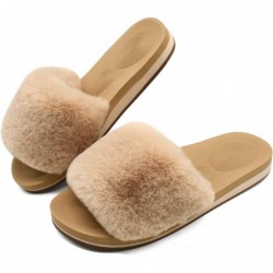 COFACE Damen Slider Plüsch Hausschuhe Flache Sandalen für Frauen Memory Foam Fuzzy Offene Zehen Hausschuhe Mit Fußgewölbeunterstützung Anti-Rutsch Damen Slipper Fell Slide Hausschuhe Pantoletten Indoor Outdoor