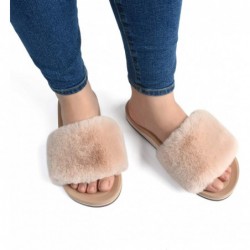 COFACE Damen Slider Plüsch Hausschuhe Flache Sandalen für Frauen Memory Foam Fuzzy Offene Zehen Hausschuhe Mit Fußgewölbeunterstützung Anti-Rutsch Damen Slipper Fell Slide Hausschuhe Pantoletten Indoor Outdoor