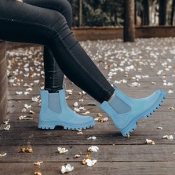 DKSUKO Kurze Regenstiefel für Damen aus Gummi, wasserdichte Gartenstiefel, elastischer Schlupfstiefel, Chelsea-Boot, modischer isolierter Regenschuh für die Arbeit im Freien, dicke Sohle