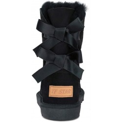 TF STAR Damen Winterstiefel mit Schaffellfutter und Fellfutter, warme Stiefel für Damen, mittelhohe, modische Schneestiefel aus Leder mit Schleife