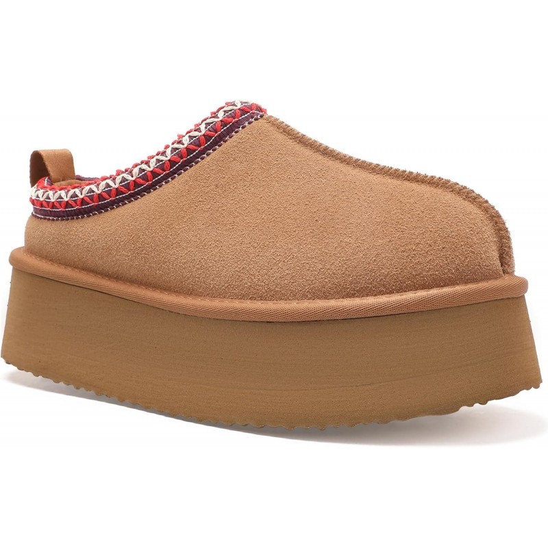 Slip Ons Damen Plateau Flauschige Gemütliche Hausschuhe Echtes Wildleder Wasserabweisende Winter Plateau Mini Stiefel mit Memory Foam und Kunstfellfutter Bequeme Flauschige Clogs