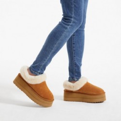 Athlefit Plateau-Hausschuhe für Damen, flauschige Hausschuhe für drinnen und draußen, kurze Stiefelette, mit Fellfutter, Clogs