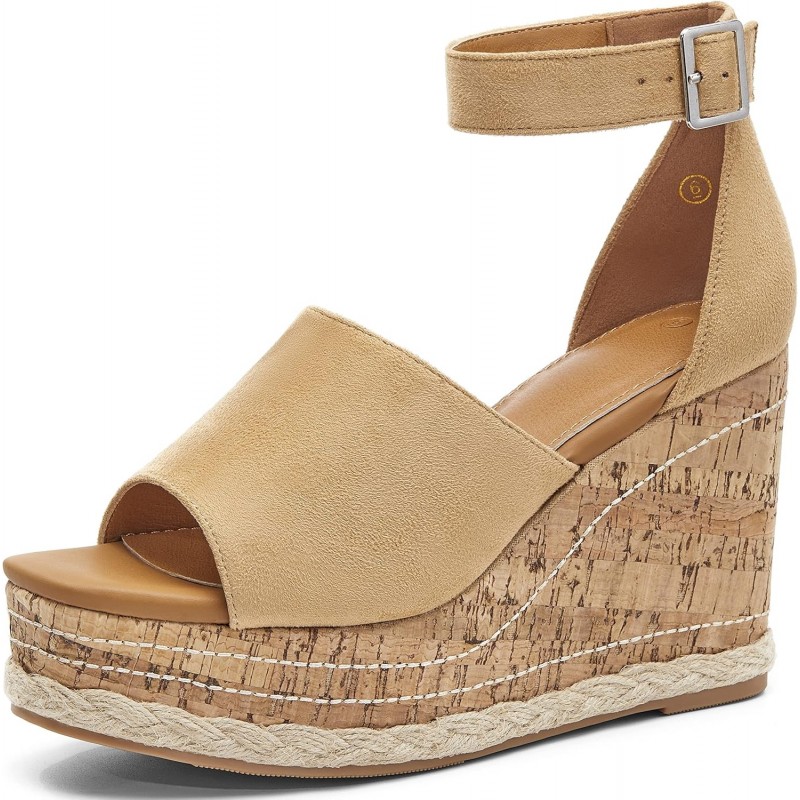 Damen Keilabsatz-Plateau-Espadrille-Sandalen Geflochtene offene quadratische Zehenpartie Knöchelschnalle Riemchen Korksohle Sommerschuhe