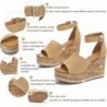 Damen Keilabsatz-Plateau-Espadrille-Sandalen Geflochtene offene quadratische Zehenpartie Knöchelschnalle Riemchen Korksohle Sommerschuhe