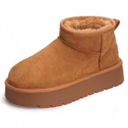 Carcuume Damen Plateau-Ministiefel mit Pelzfutter, warm, für den Winter, Knöchel, Schnee, klassisch, äußerst bequeme Schuhe, BESS-Chestnut-8