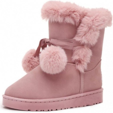 Damen Winterstiefel mit Pelzbesatz und Pompon, flauschige Prinzessinnenstiefel mit Schnürung