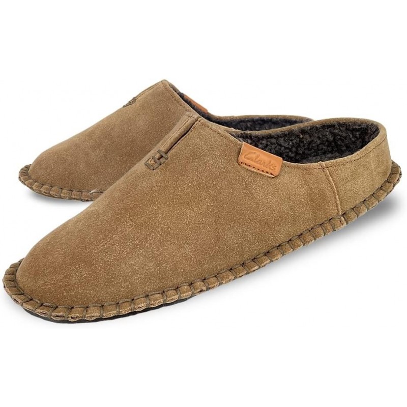 Clarks Herren-Slipper aus Wildleder mit offener Rückseite und dicken Nähten JMS0752 – Plüschiges Sherpa-Futter – Hausschuhe für drinnen und draußen für Männer