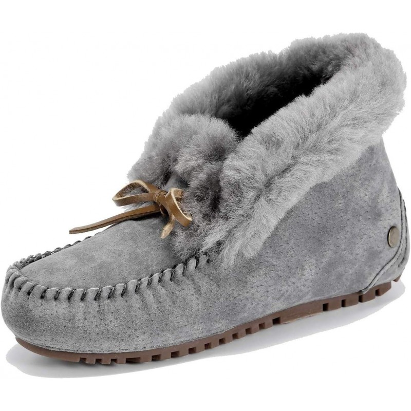 U-lite Damen Mokassin-Hausschuhe mit warmem Wollfutter, Schweinsleder, rutschfester Gummisohle für drinnen und draußen, lässige Winter-Flachschuhe